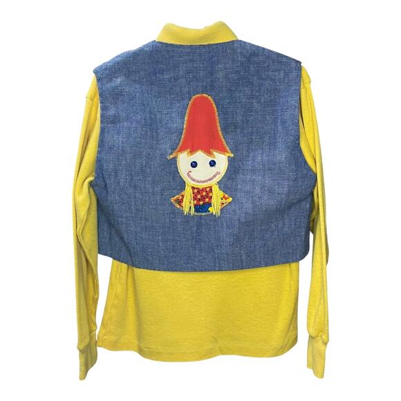 Vintage 70s Jast Girls 2pc Set Youth 5 Denim Vest Yellow Top Yarn Appliqué - Picture 16 of 16